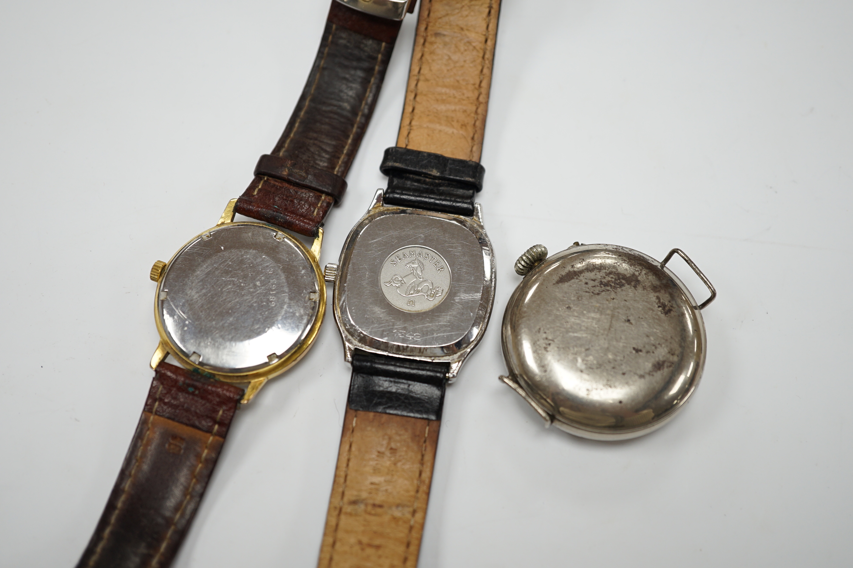 A gentleman's stainless steel Omega Seamaster quartz wrist watch, on associated leather strap, together with a gentleman's steel and gold plated Rotary Commodore automatic wrist watch and a French? wrist watch.